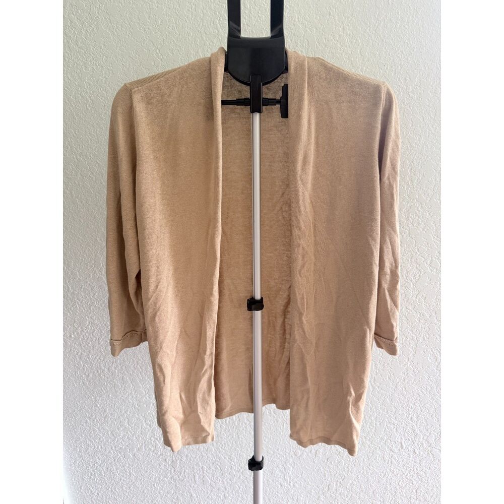 J. Jill Linen Rayon Blend Open Front Knit Women's Cardigan Sweater Tan Camel M
